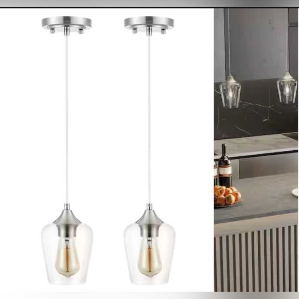 Set Of 2 1-Light Brushed Nickel Pendant Light with Vine Glass Shade